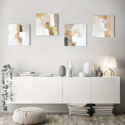 4pcs Beige Golden Abstract Square Elegant Wall Art Canvas Framed