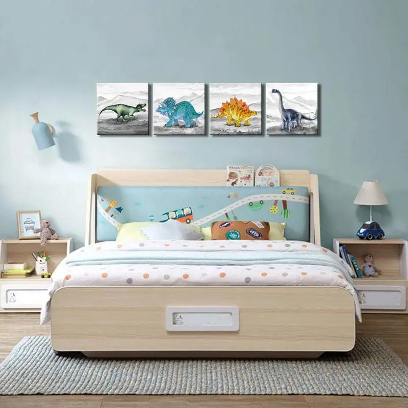 4pcs Dinosaur  Kids Room Nursery  Wall Art Canvas Framed