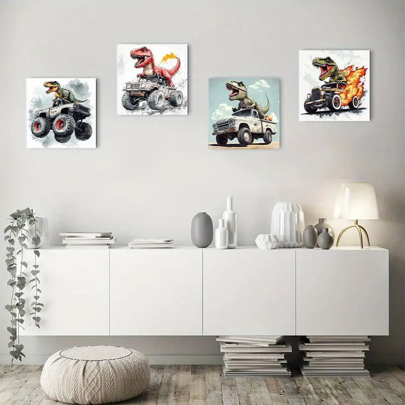 4pcs Dinosaur Cool Monster Truck  Wall Art Canvas Framed