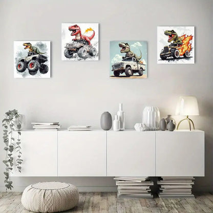 4pcs Dinosaur Cool Monster Truck  Wall Art Canvas Framed