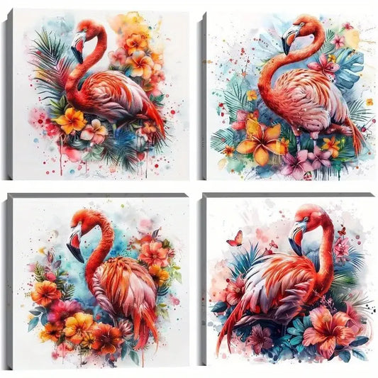 4pcs Flamingo Wall Decor Animal Pictures Floral Pink Wall Art Canvas Framed