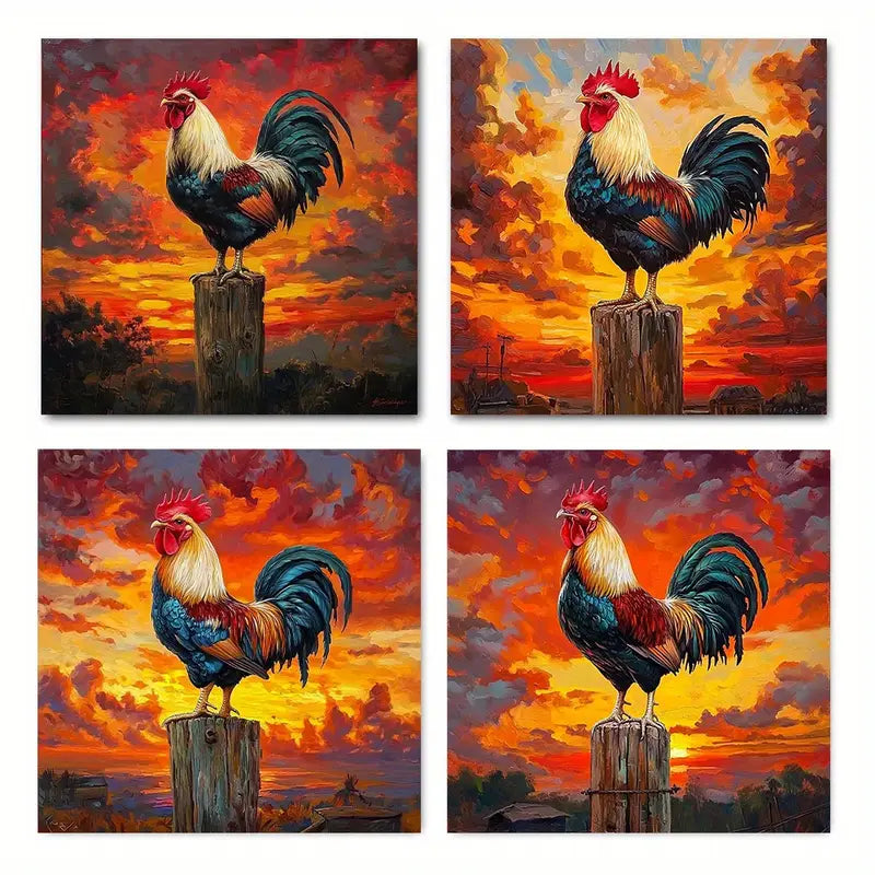 4pcs Charming Rooster CR Wall Art Canvas Framed