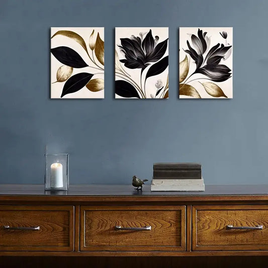 3pcs Vintage Floral Design With Black & Golden LeavMetal Print Ready to Hang Art