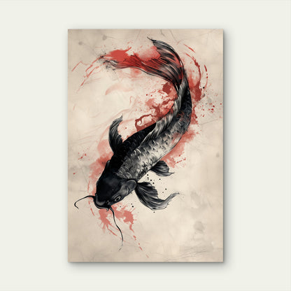 Sumi-e Black Koi Illustration 40x60cm Metal Print Ready to Hang