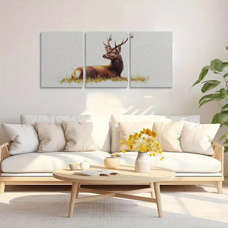 3pcs Elegant Brown Deer with Golden Antlers on Grass Metal Print Ready to Hang Art