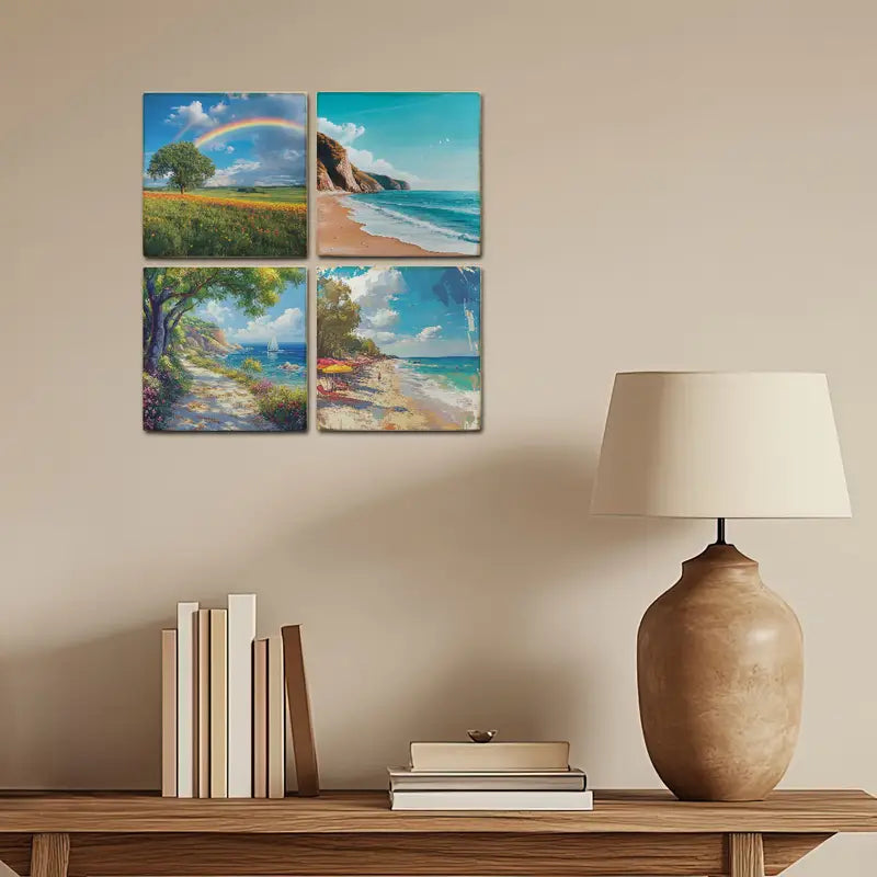 4pcs Rainbow With Beach Side Wall Art Canvas Framed