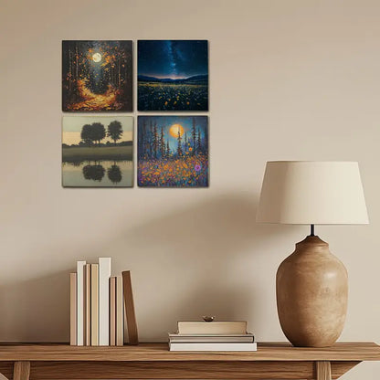 4pcs Moon Light In Forest Pine Trees Wall Art Canvas Framed