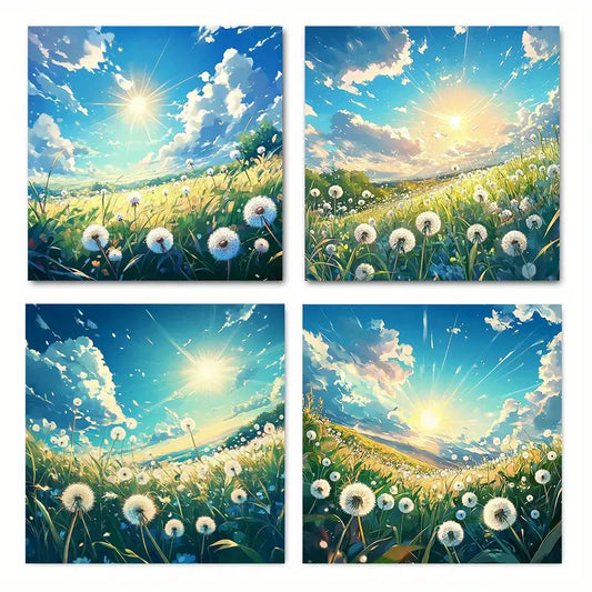 4pcs Dandelion Sunrise Landscape Wall Art Canvas Framed