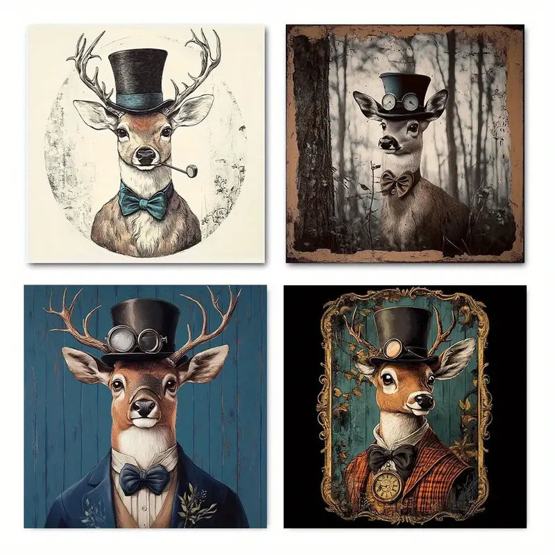 4pcs Deer & Forest Scene With Top Hat, Bow Tie Wall Art Canvas Framed