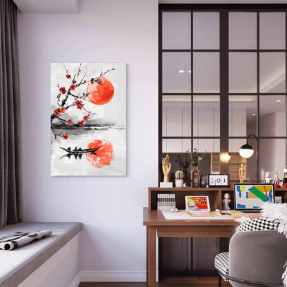 Watercolor Painting Cherry Tree Red Moon Sky 60x90cm Metal Print Ready to Hang