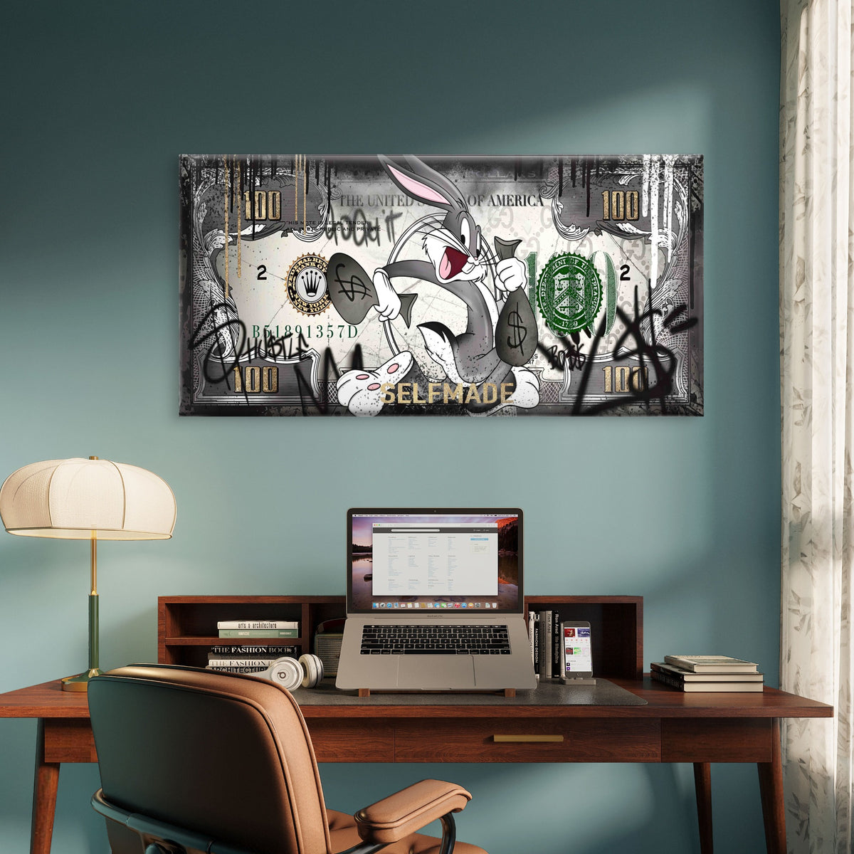Running Rabbit Money Print Wall Art Canvas Office Home Room Framed 120x60cm