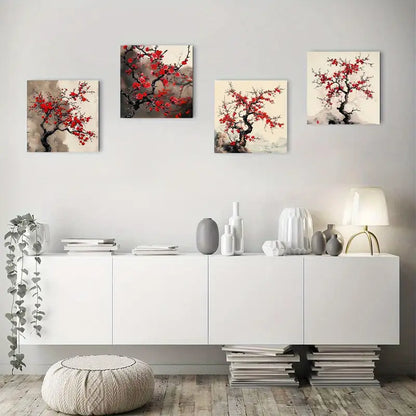 4pcs  Vintage Abstract Red Plum Blossom Wall Art Canvas Framed