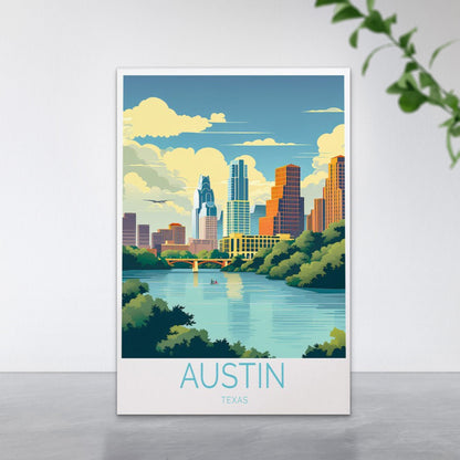 Austin City in Texas, Skyscrapers, Canal Travel Poster Print Wall Art