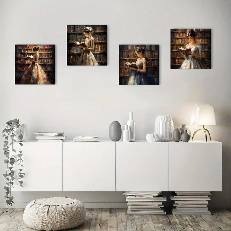 4pcs Elegant Woman Reading In Library Wall Art Canvas Framed