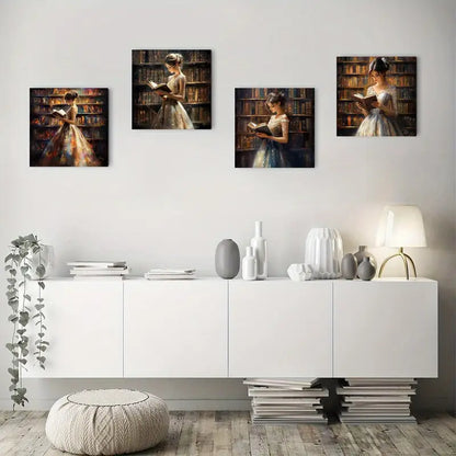 4pcs Elegant Woman Reading In Library Wall Art Canvas Framed