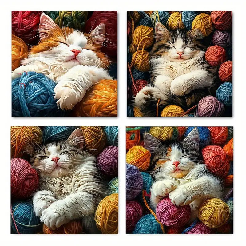 4pcs  Doodle cute kitten w Modern    Wall Art Canvas Framed