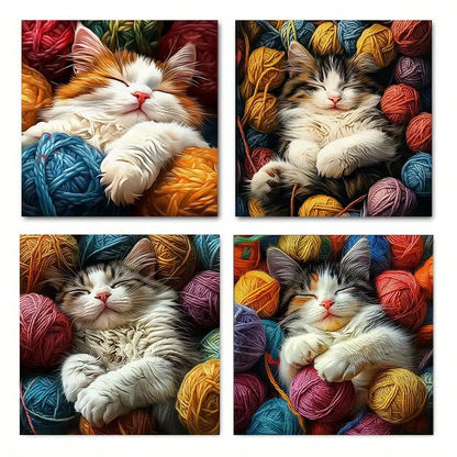 4pcs  Doodle cute kitten w Modern    Wall Art Canvas Framed