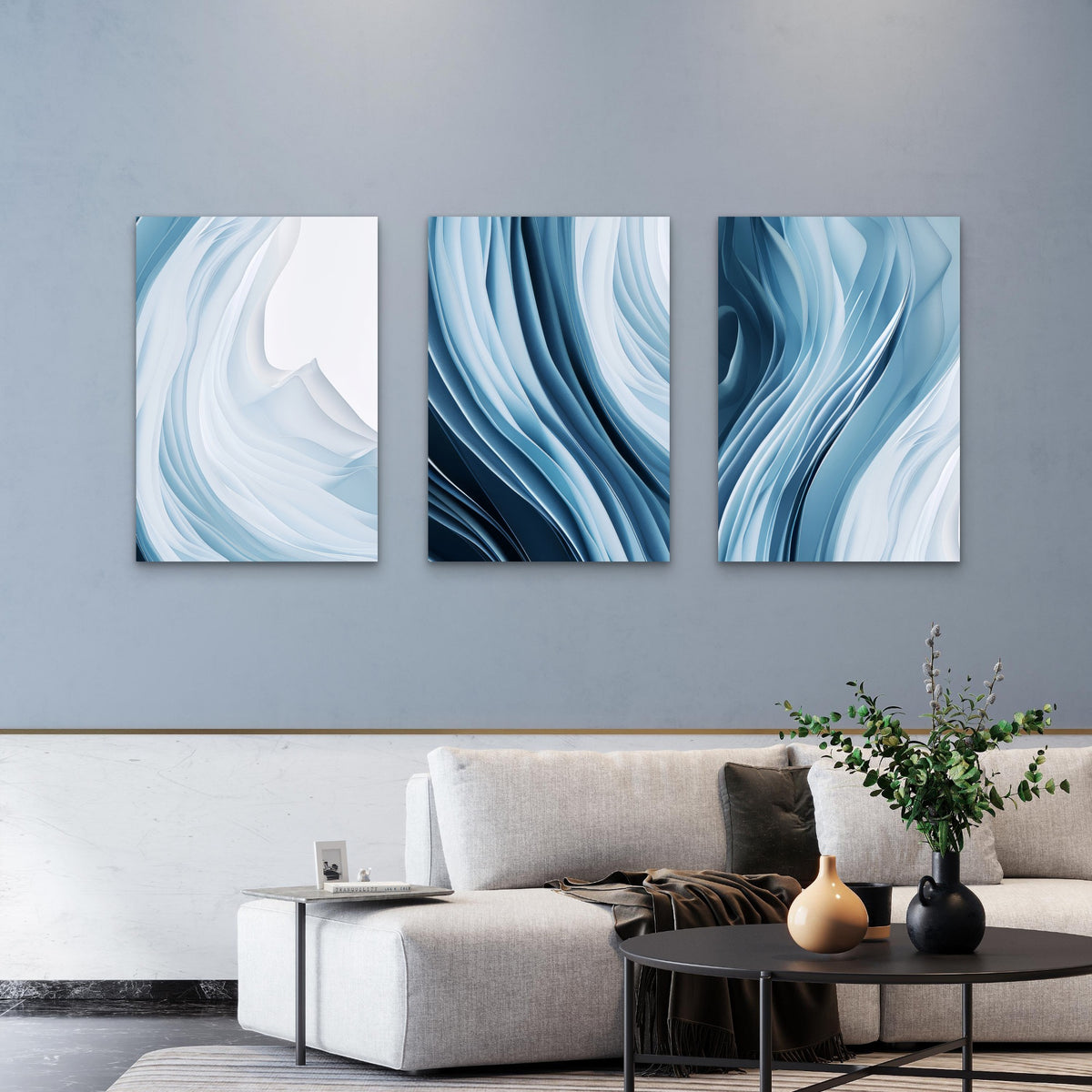 3pcs Abstract Blue Wave Fluid Marble Wall Art Set Canvas Framed 40x60cm - High Quality Print 100% Australian Made Wall Canvas Ready to Hang