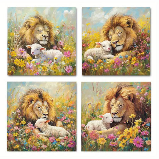 4pcs Vibrant Lion And Lamb In Meadow Wall Art Canvas Framed