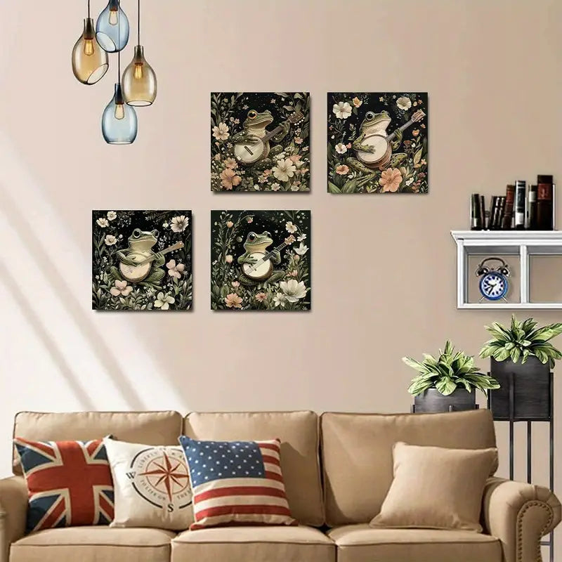 4pcs  Green Music Flower Frog Themed Wall Art Canvas Framed