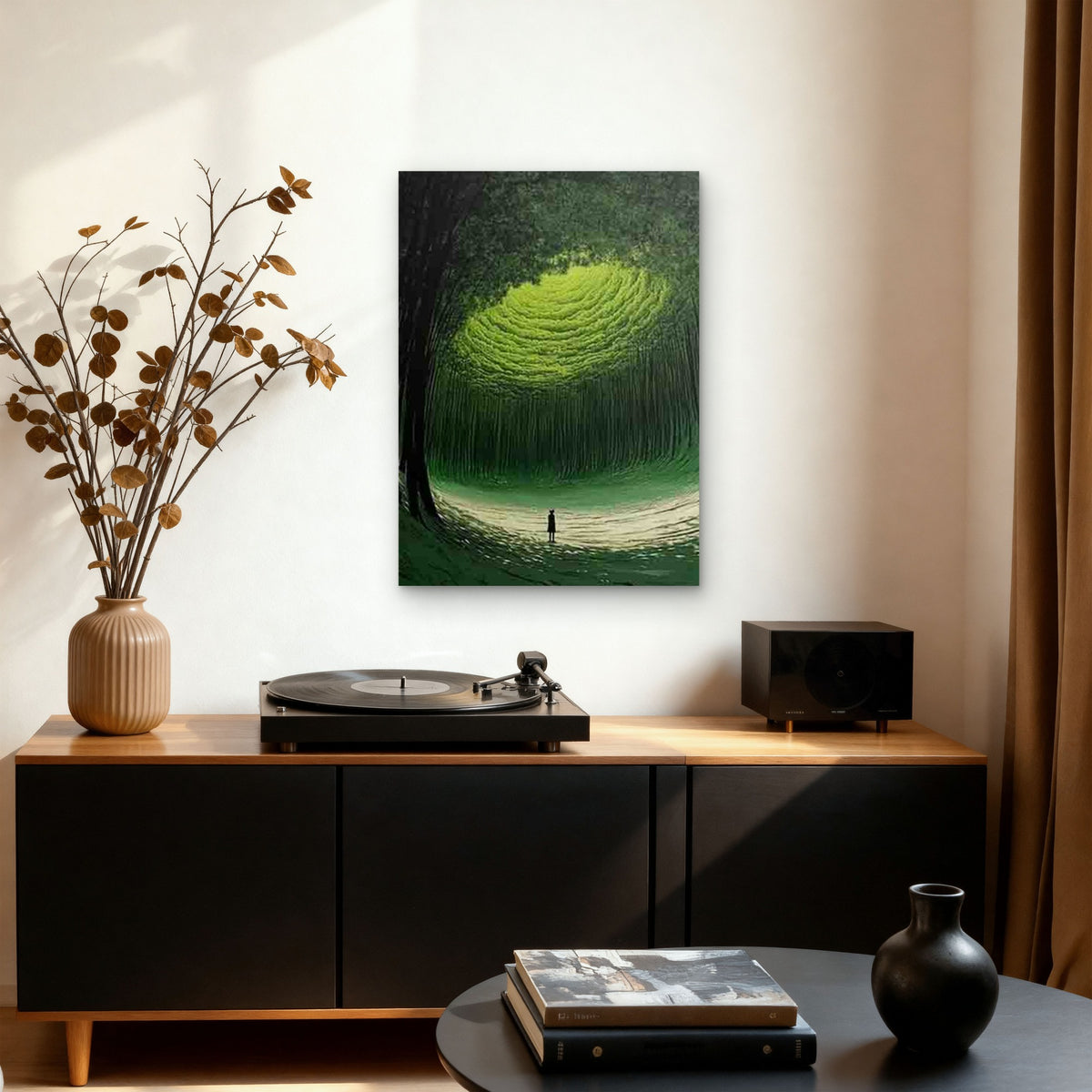 Green Forest Path with Spiral Light Metal Print Ready to Hang