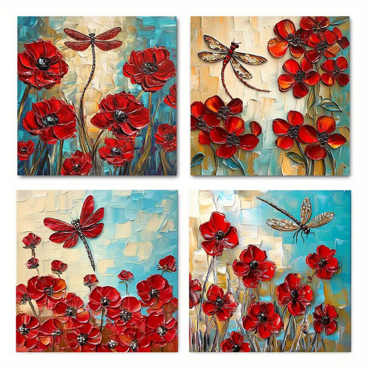 4pcs Vibrant Dragonfly & Floral Prints FP Wall Art Canvas Framed