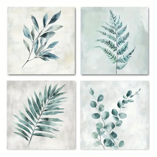 4pcs Minimalist Eucalyptus Fern & Pine Cone Desi  Wall Art Canvas Framed