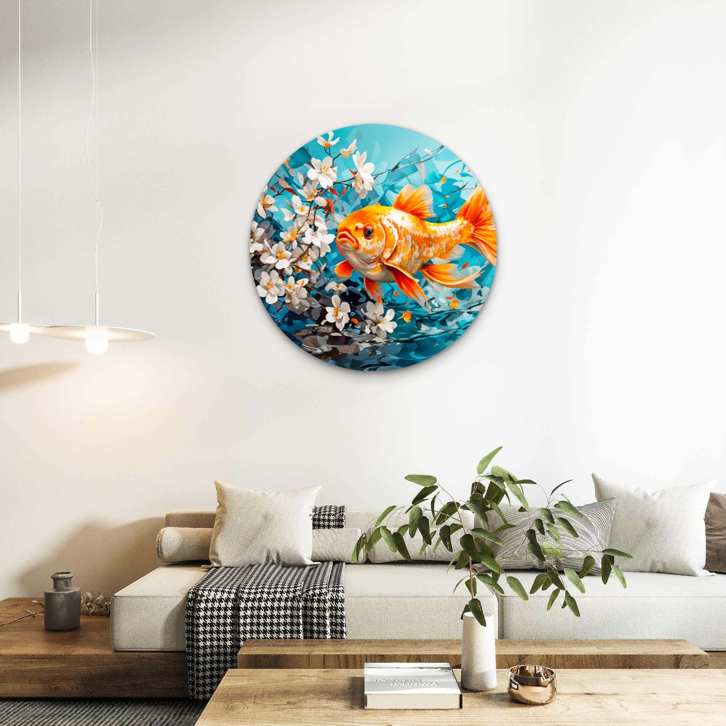 Gold Yellow Fish with White Flowers Acrylic Glass Rounded Print Tempered Glass Wall Art 100% Made in Australia Ready to Hang