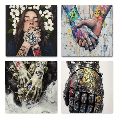 4pcs Colorful Graffiti Street Handshake Wall Art Canvas Framed