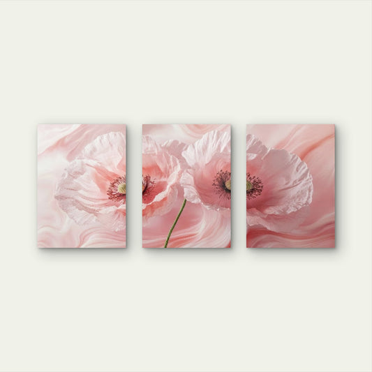 3pcs Blush Pink Poppy Floral Fluid Marble Botanical Romantic Watercolor Wall Art Set Canvas Framed 40x60cm - High Quality Print 100% Australian Made Wall Canvas Ready to Hang