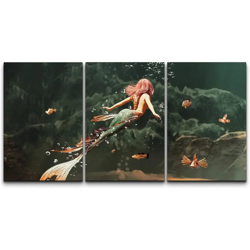 3pcs Mermaid Swimming In Underwater Ocean Fantasy Metal Print Ready to Hang Art