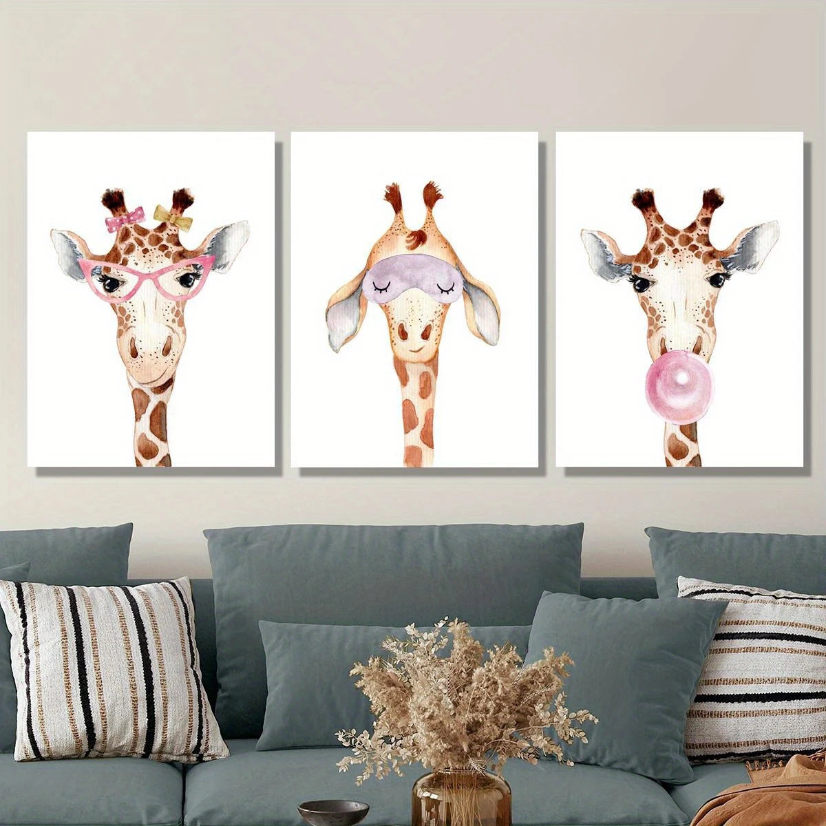 3pcs Cartoon cute watercolor funny giraffe wearing glasses Metal Print Ready to Hang Art