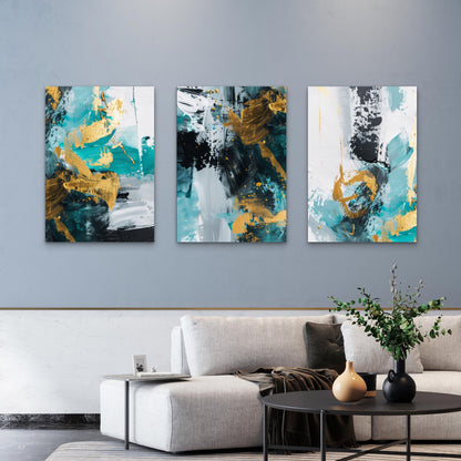 3pcs Abstract Teal Gold Foil Oil Paint Brush Wall Art Set Canvas Framed 60x90cm - High Quality Print 100% Australian Made Wall Canvas Ready to Hang