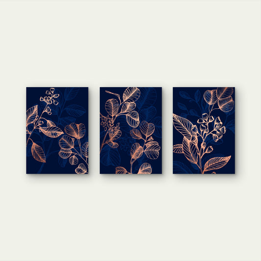 3pcs Botanical Eucalyptus Leaves Navy Rose Gold Wall Art Set Canvas Framed 50x70cm - High Quality Print 100% Australian Made Wall Canvas Ready to Hang