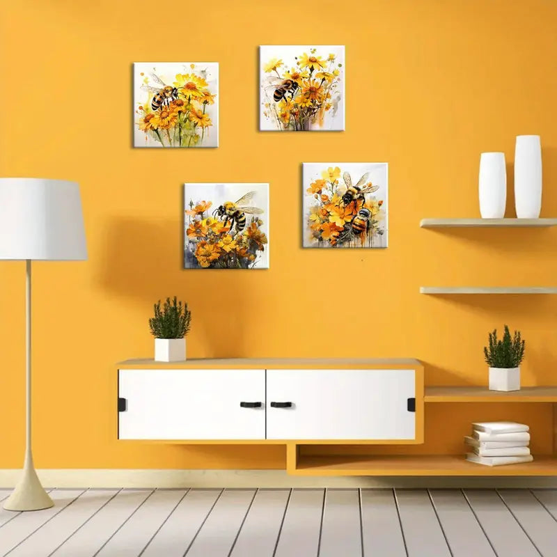 4pcs  Wildflower Wall Art Bee  Poppy  Flower Wall Art Canvas Framed