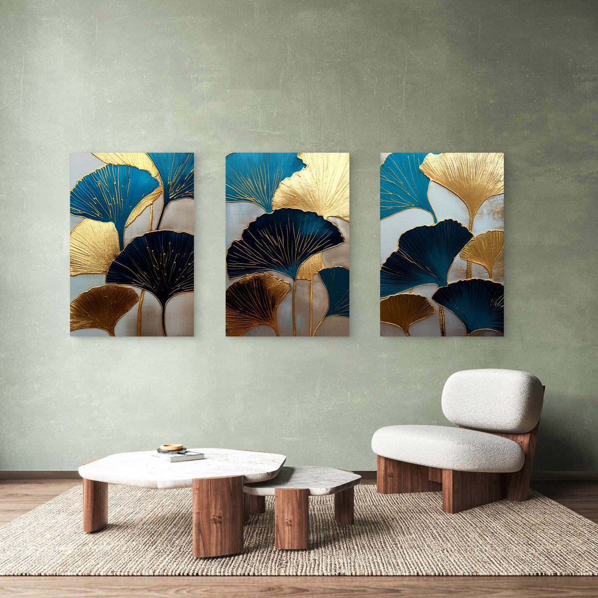 3pcs Gold Ginkgo Biloba Leaf Teal Navy Blue Wall Art Set Canvas Framed 40x60cm - High Quality Print 100% Australian Made Wall Canvas Ready to Hang