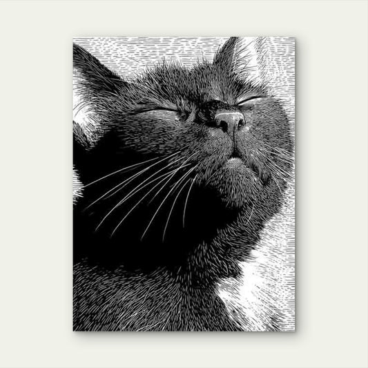 Black and White Japanese Linocut Style Cat Metal 40x60cm Print Ready to Hang