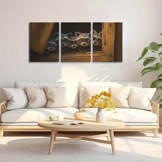 3pcs Close-Up of Raccoon Peeking Out of Window Metal Print Ready to Hang Art