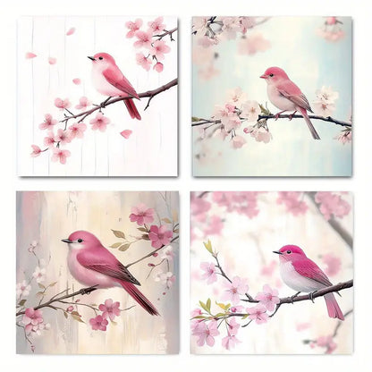 4pcs  Bummingbirds on Branch Picture Print Pink  Wall Art Canvas Framed