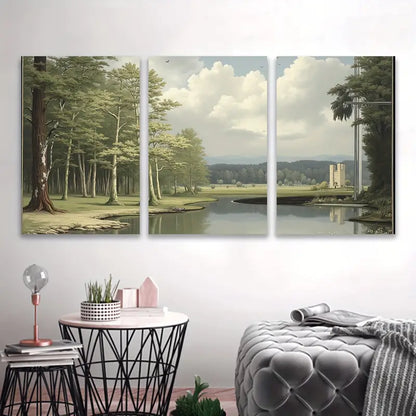 3pcs River Bridge Green Landscape Painting Wall Art Set Canvas Framed 60x90cm - High Quality Print 100% Australian Made Wall Canvas Ready to Hang