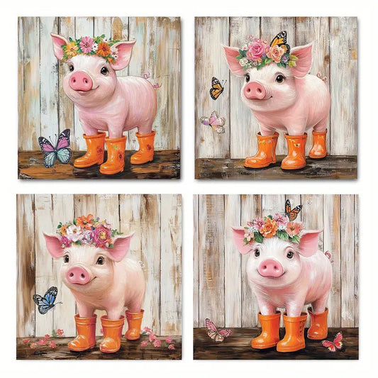4pcs Funny Piggy And Pink Butterfly Pig Pictur  Wall Art Canvas Framed