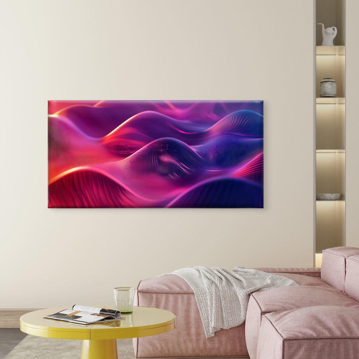 Neon Waves in 3D Abstract Wall Art Canvas Office Home Room Framed 120x60cm