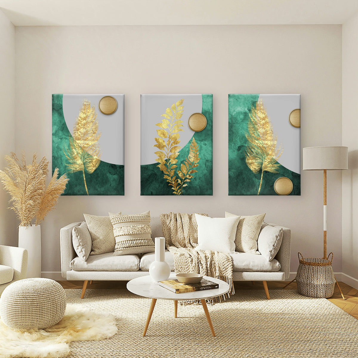 3pcs Abstract Emerald Green Gold Feather Wall Art Set Canvas Framed 50x70cm - High Quality Print 100% Australian Made Wall Canvas Ready to Hang
