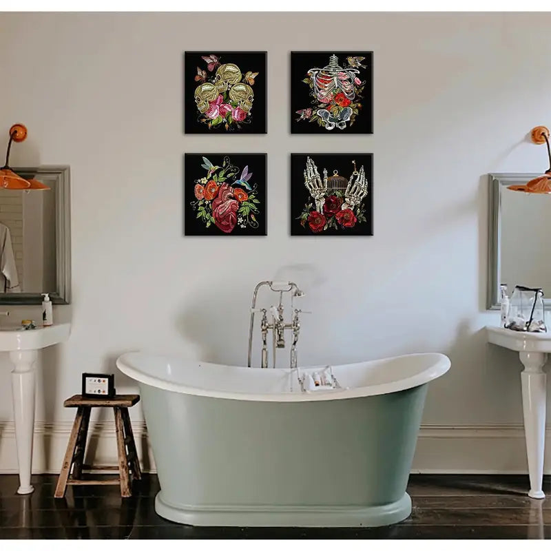 4pcs  Gothic Floral Skeleton Wall Art Canvas Framed