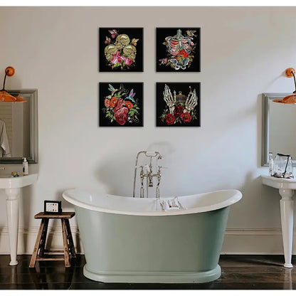 4pcs  Gothic Floral Skeleton Wall Art Canvas Framed