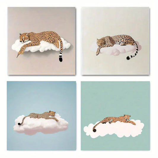 4pcs Chic Pink Leopard Petals Picture Artwork L    Wall Art Canvas Framed