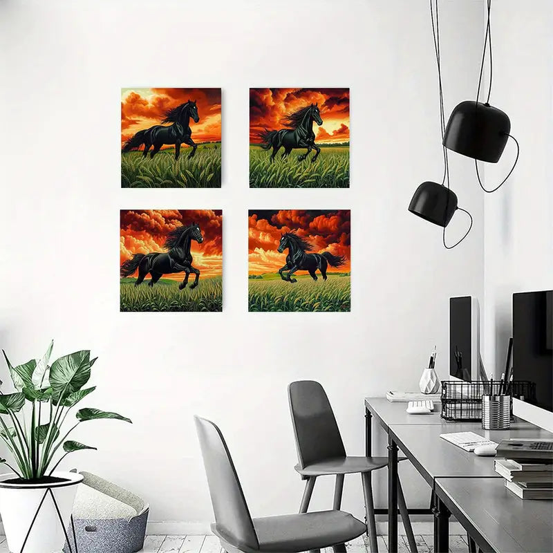 4pcs Elegant Black Horse in Golden fj    Wall Art Canvas Framed