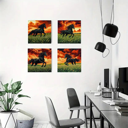 4pcs Elegant Black Horse in Golden fj    Wall Art Canvas Framed