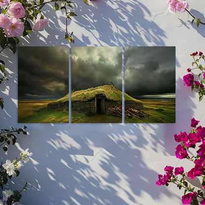 3pcs Icelandic Viking House Wall Art Set Canvas Framed 50x70cm - High Quality Print 100% Australian Made Wall Canvas Ready to Hang