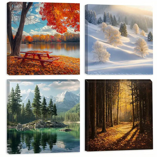 4pcs Nature Paintings, Golden Light    Wall Art Canvas Framed